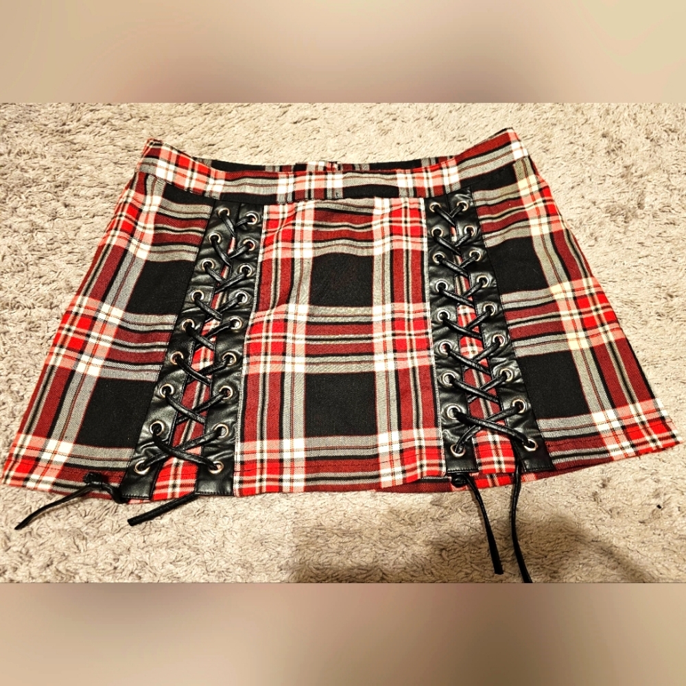 Tripp NYC mini plaid lace up skirt.
